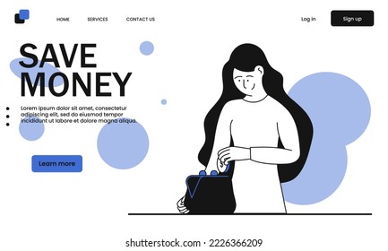 Save money and woman putting coin in wallet vector illustration concept. Finance deposit and character economy budget. Commerce loan and fund capital. Transaction management and success purse