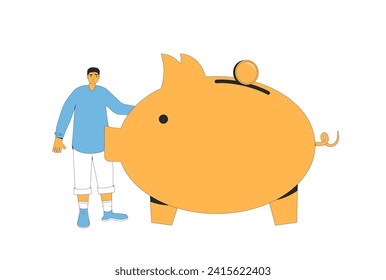 Save money. Young man standing near big piggybank with coin isolated in white background. Moneybox. budgeting life. Vector flat outline illustration.
