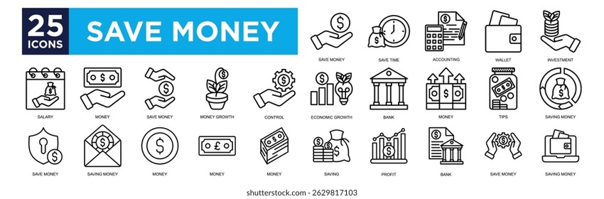 save mony icon collection set. Containing design Save Money ,Save Time ,Accounting ,Wallet ,Investment