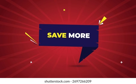 Save More web banner vector art template design badge icon label deep blue shapes yellow white bold text dark red light sun shine abstract business background modern sale promotion creative layout