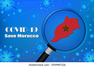 Save Morocco for stop virus sign. Covid-19 virus cells or corona virus and bacteria close up isolated on blue background,
Poster Advertisement Flyers Vector Illustration.