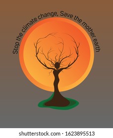 Save the mother earth. Woman and tree design. Climate problem background. Environmentalism. Natural balance and ecology.