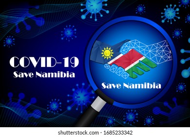 Save Namibia for stop virus sign. Covid-19 virus cells or corona virus and bacteria close up isolated on blue background,
Poster Advertisement Flyers Vector Illustration.