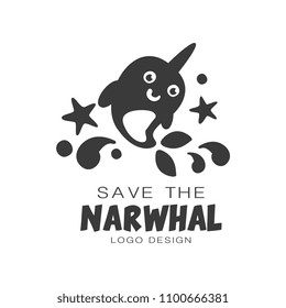 Save the narwhal logo design, protection of wild animal black and white sign vector Illustrations on a white background