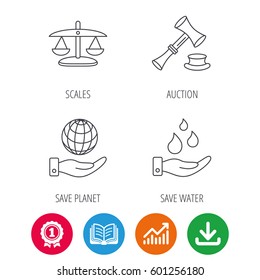 Save nature, auction and scales of justice icons. Save planet linear sign. Award medal, growth chart and opened book web icons. Download arrow. Vector