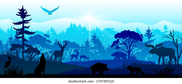 Save nature banner with forest animals, pines, trees, mountains, birds. Horizontal panoramic woodland landscape with mammals’ silhouettes. Wildlife vector illustration in blue colors.