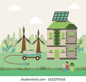 save the nature campaign with man in landscape scene vector illustration design