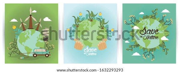 save the nature campaign with world planets vector\
illustration design