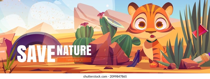 Save nature cartoon web banner, funny wild tiger cub in polluted African desert natural landscape with trash and plastic litter around. Baby predator in dirty Africa, eco problem, vector illustration