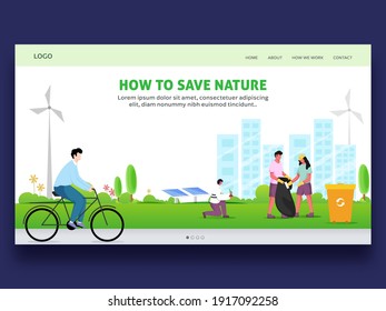 Save Nature Concept Based Landing Page With People Collecting Waste, Planting And Cycling On Green City Background.