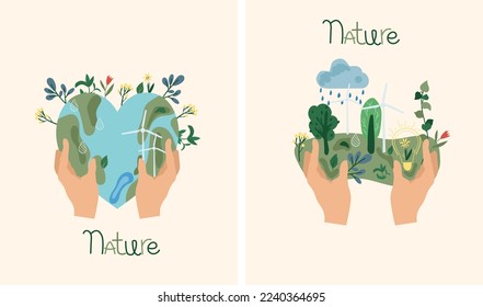 Save nature. The concept of ecology of the planet, lifestyle. Nature as a source of energy for man. Suitable for social posters, cards, logos, banner. Vector illustration