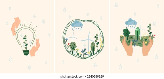 Save nature. The concept of ecology of the planet, lifestyle. Nature as a source of energy for man. Suitable for social posters, cards, logos, banner. Vector illustration