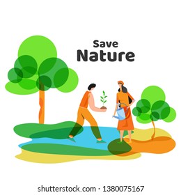 Save Nature concept with gardening man and lady character on abstract nature background.