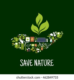 Save nature concept with green plant in human hand, compossed of solar panel, wind turbine, light bulbs, biofuel, bicycle, recycling sign, flowers, trees, industrial pollution, nuclear waste