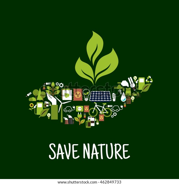 Save\
nature concept with green plant in human hand, compossed of solar\
panel, wind turbine, light bulbs, biofuel, bicycle, recycling sign,\
flowers, trees, industrial pollution, nuclear\
waste