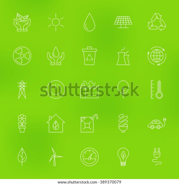 Save\
the Nature Eco Line Icons Set over Blurred Background. Vector Set\
of Modern Thin Outline Ecology Green Energy\
Items.