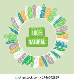 Save nature, ecology, eco friendly concept. Green sticker, logo, poster, banner, for apps, websites, polygraphy, adds. Colorful leaves create circle with text inside at green background in flat style