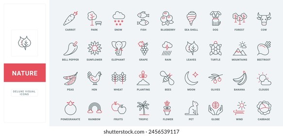 Save nature and ecology, environment and weather line icons set. Cultivation of plants and wheat crop, protection of animals and insects thin black and red outline symbols vector illustration