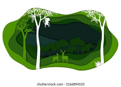 Save nature and environment conservation concept with animals wildlife in forest landscape,abstract paper art scene in depth layer background,vector illustration