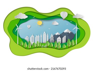 Save nature and environment conservation concept with green eco city,paper art landscape in depth layer background,vector illustration