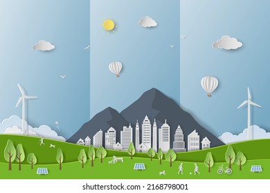 Save nature and environment conservation concept with eco city on paper art background,vector illustration