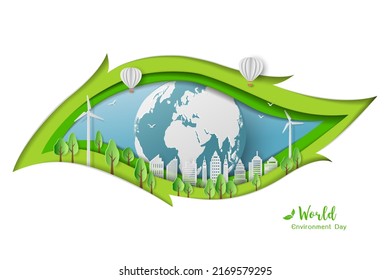 Save nature and environment conservation concept,paper art and craft design with eco city on leaf shape abstract background,vector illustration