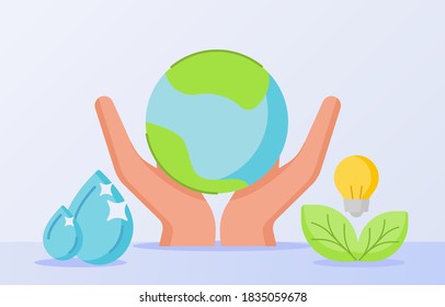 save the nature hand hold earth drop water leaf light bulb white isolated background with flat style