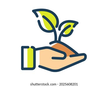 guardar el entorno de la planta de la mano de la naturaleza ir verde un solo icono aislado con un estilo de línea de guiones o de líneas discontinuas