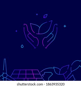 Guardar las manos de la naturaleza gradiente línea de icono vector, ilustración simple en un fondo azul oscuro, eco-activismo relacionado con el borde inferior.
