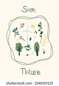 Salvar a la naturaleza con la ayuda de la ecología. El concepto de salvar el planeta, una forma de vida. La naturaleza como fuente de energía para el hombre. Adecuado para afiches sociales, tarjetas, logos, banner. Ilustración del vector