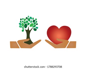 Save nature human hand holding tree. growing heart and tree vector illustration. Saving environment, save clean planet, ecology concept. Card for World Earth Day.
