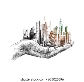 Save nature human hand holding city against white background, Ecology and Earth day concept.