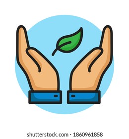 Guardar el estilo de línea relleno del icono de naturaleza. Ilustración de mascota de vectores de hojas y manos. Símbolo del logotipo del pegatina de vintage del entorno. Icono de entorno para plantilla de Web e Print