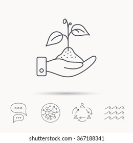 Save nature icon. Hand with plant sprout sign. Ecology environment symbol. Global connect network, ocean wave and chat dialog icons. Teamwork symbol.