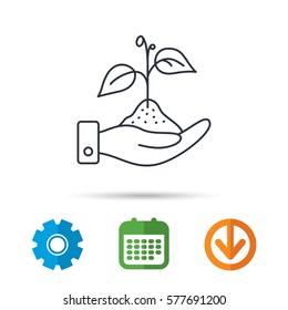 Save nature icon. Hand with plant sprout sign. Ecology environment symbol. Calendar, cogwheel and download arrow signs. Colored flat web icons. Vector
