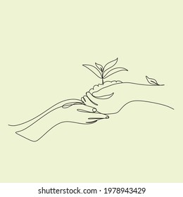 Save  nature line art vector. Two hands with little leaves. continuous line drawing of hand holding growing plant