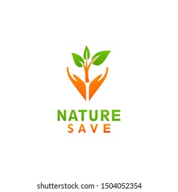Save Nature Logo Design Concept. Two Hand and Plant Icon Illustration