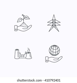 Save nature, planet and factory icons. Electricity station linear sign. Flat linear icons on white background. Vector
