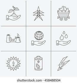 Save nature, planet and water icons. Minerals, lightning and solar energy linear signs. Battery, factory and electricity station icons. Linear icons on white background. Vector