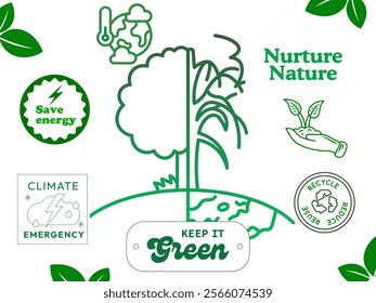 Save Nature poster, Global warming concept with green color symbolic illustration in white background. Solutions for global warming with symbols, Vector Illustration.