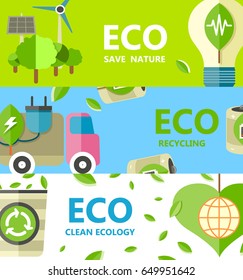 Save nature, recycling and clean ecology poster with eco bulb, truck with electric engine, rubbish bin and green leaves vector illustrations.