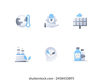 Save nature and think green - flat design style icons set. High quality colorful images of global warming, solar panels, environmentally friendly factory production and recyclable plastic idea