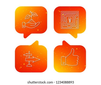 Save nature, thumb up and direction icons. Problem challenge, like linear signs. Orange Speech bubbles with icons set. Soft color gradient chat symbols. Vector
