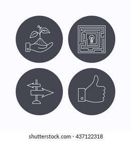 Save nature, thumb up and direction icons. Problem challenge, like linear signs. Flat icons in circle buttons on white background. Vector