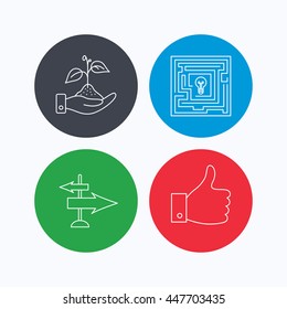 Save nature, thumb up and direction icons. Problem challenge, like linear signs. Linear icons on colored buttons. Flat web symbols. Vector