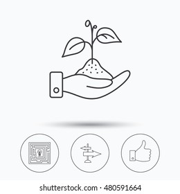 Save nature, thumb up and direction icons. Problem challenge, like linear signs. Linear icons in circle buttons. Flat web symbols. Vector
