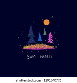 Save Nature Universe Space Nature tree cosmos astronomy inspiration graphic design typography element. Hand written postcard. Cute simple vector cutout collage style