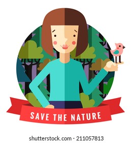 Save the nature vector card and background with brunette girl, bird, red ribbon  and forest in flat style