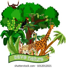 Save nature and wildlife theme concept illustration, exotic animals and plants behind the banner