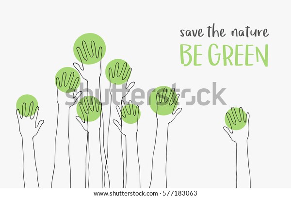 自然を守る世界のエコロジーコンセプト メッセージは緑です アースデイベクターイラストのポスターの旗に適した木のように手を上げたシルエット のベクター画像素材 ロイヤリティフリー